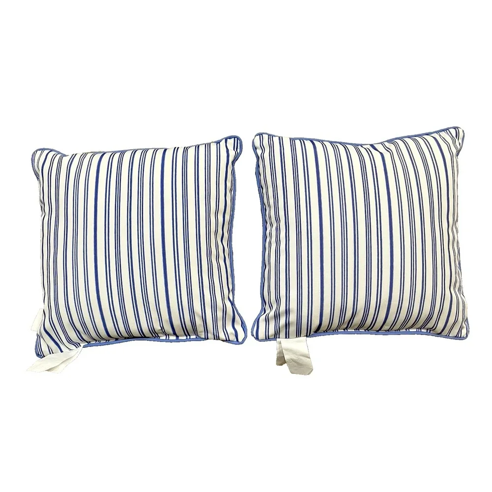 Pr Lillian August Bright Floral Bee Blue Stripe Outdoor Pillows 17 x 17 NWOT
